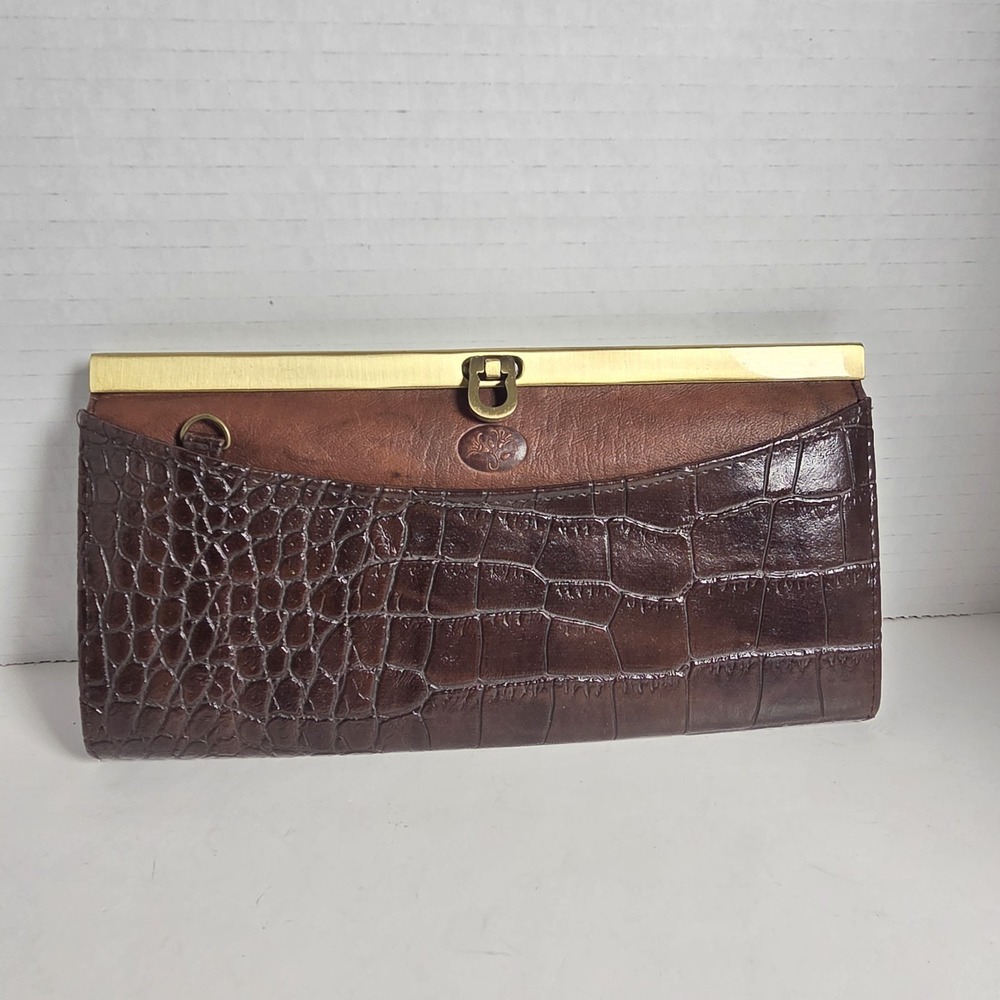 Buxton Designer Brown Croc Bronze Metal Slide Lock Accordion Clutch Wallet